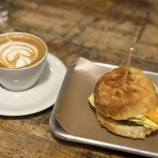 Cappuccino, breakfast sandwich