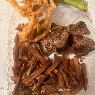 8oz Grilled Bbq Steak Tips with burnt fries