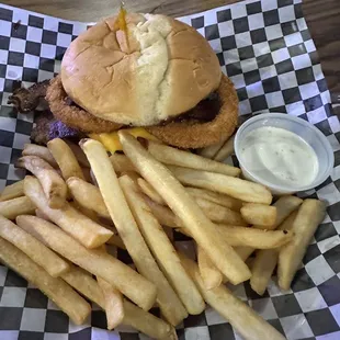 Bacon cheeseburger and fries