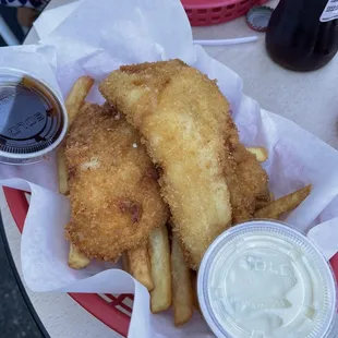 Wild Cod with Tartar Sauce, vinegar, and fries