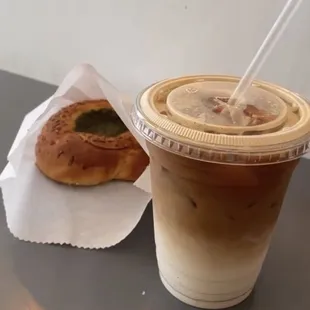 Iced Brown Sugar Latté with Shaken Espresso, Spinach &amp; Cheese Bun