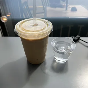 Iced coffee and tab water