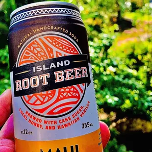 a hand holding a can of root beer