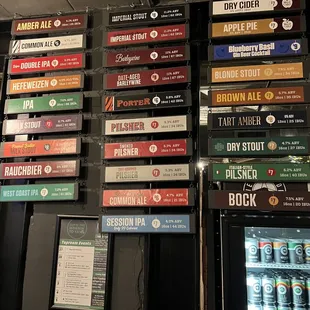 a wall of beer labels