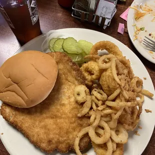 Tenderloin was huge and very good.  The onions rings were okay, Nothing to brag about. There seem to be two different types of onion rings.