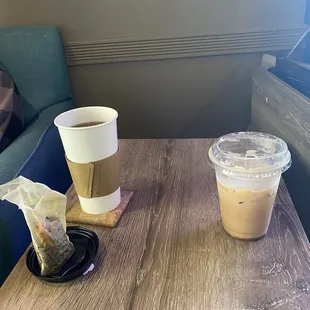 Hot tea and an ice chai! There are little tables you can grab and set up if you are in the comfy chairs and need a place to put your drink