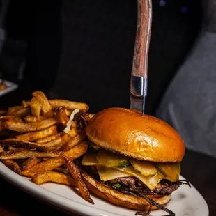 a cheeseburger and french fries