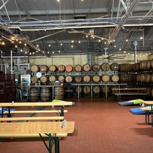 rows of wooden barrels in a brewery