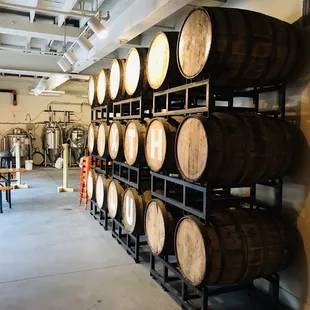 a wall of barrels in a brewery