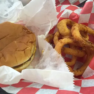 Cheeseburger and rings. Mmmmm