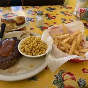 Chopped sirloin, fries and corn.