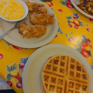waffles, eggs, and hash browns