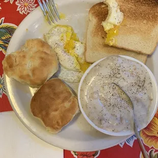 Biscuits and gravy, 1 egg over medium, toast