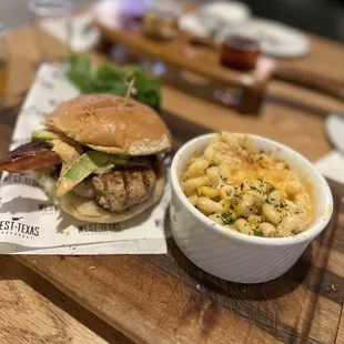 a burger and macaroni and cheese