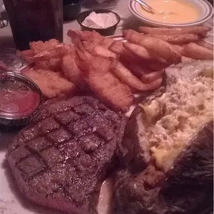 Steak and Shrimp plate with Brew City Fries and loaded baked potato!