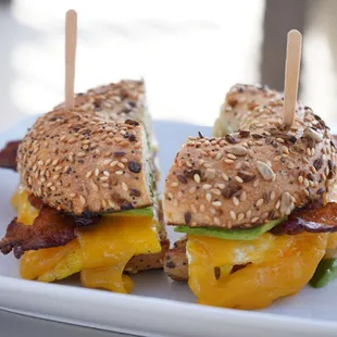 BREAKFAST BAGEL Everything Bagel, Pasture-raised Eggs, Cheddar Cheese, Hickory Smoked Bacon and Avocado