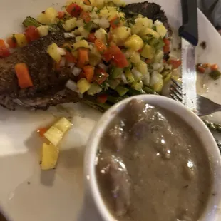 Blackened Walleye  with Asparagus. Soup of the day- cream of steak