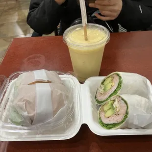 Mid-Day Energizer Smoothies Grilled Chicken Breast on Focaccia Hot Sandwich Honey Turkey Wrap