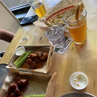 Small order of boneless BBQ and signature one flame sauce, basket of fries, and two beers!