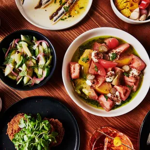 a variety of dishes on a table