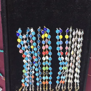 a display of bracelets