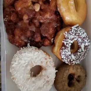 Apple fritter for sure! I like the blueberry cake donut but prefer Shipley's glazed. Didn't try the coconut ones.