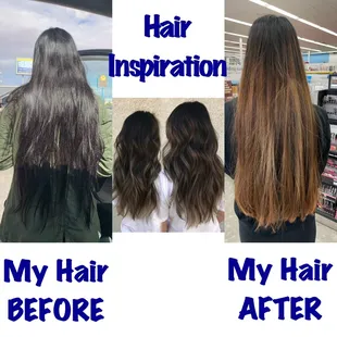 My hair before and after with the inspirational hair I aimed for in the middle. As you can see the result is far from what I wanted.