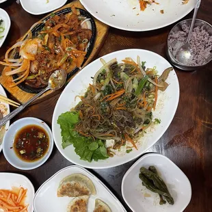 Jap chae. Kimchi pancake. Dumplings. Pork bulgogi. Ban Chans.
