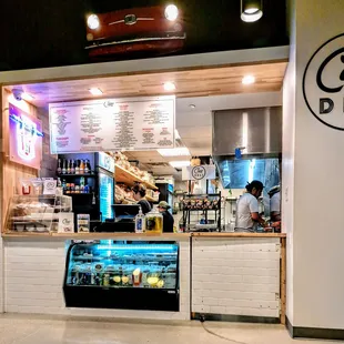 a counter with a display case