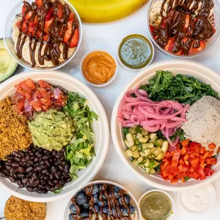 a variety of bowls of food