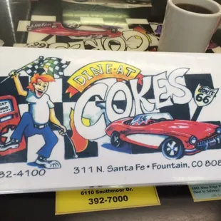 Front  cover of the menu for Cokes Diner