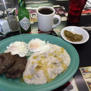 Biscuits and gravy eggs side of jalapeno coffee Yum!
