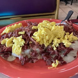 Chipped beef with extra beef and scrambled eggs
