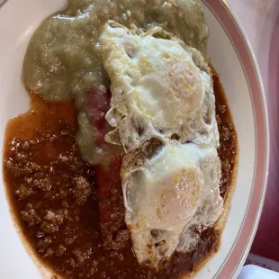 Breakfast enchiladas with Christmas chili