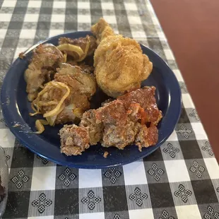 Chicken Livers with Onions, Fried Chicken Leg, and Meatloaf from the Buffet