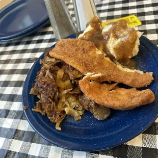 Chicken Livers, Fried Fish and Mashed Potato 's and Gravy