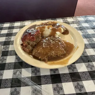 Meatloaf, Country Style Steak and Mashed Potatos