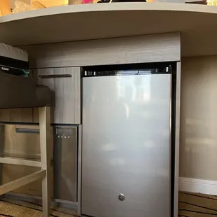 Fridge under counter in room #3. Be careful!!