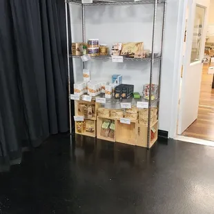 a shelf of wine bottles