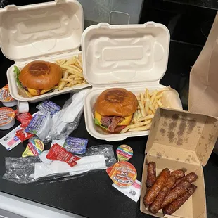 Bacon Cheeseburger fries and sausages