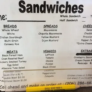 Sandwiches made to order by completing a form.