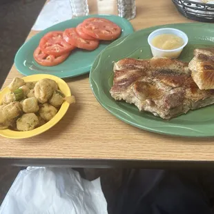 Pork Chops , Okra, Sliced Tomatoes