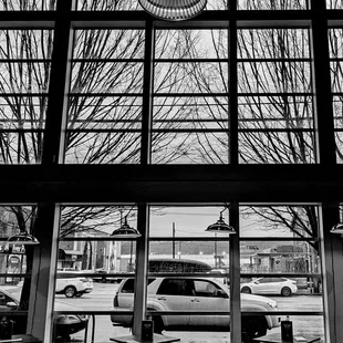 a view of the street through a window