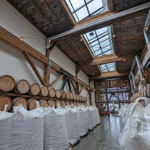 barrels stacked on pallets