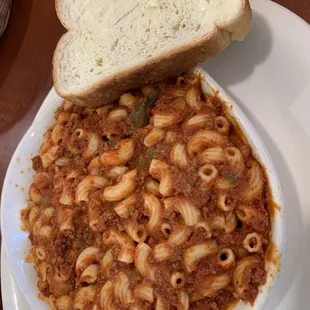 Monday night dinner special - goulash served with 1 side, bread, and dessert.