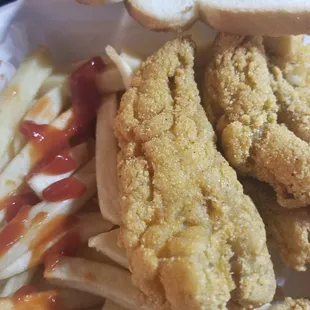 Fried perch dinner comes with fries, bread and cole slaw