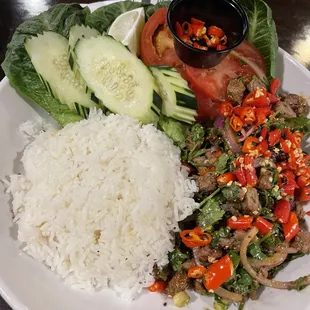 Fav post workout. Laab with 10 chilies, less rice, extra veggies, &amp; side of fish sauce