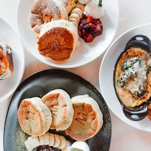 souffle pancakes, mushroom bacon spinach omelette and smoked salmon toast