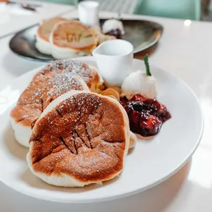 mixed berry and matcha souffle pancakes ($26)
