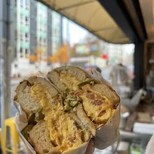 bec (bacon, egg, cheese) sandwich on cheddar jalapeno bagel